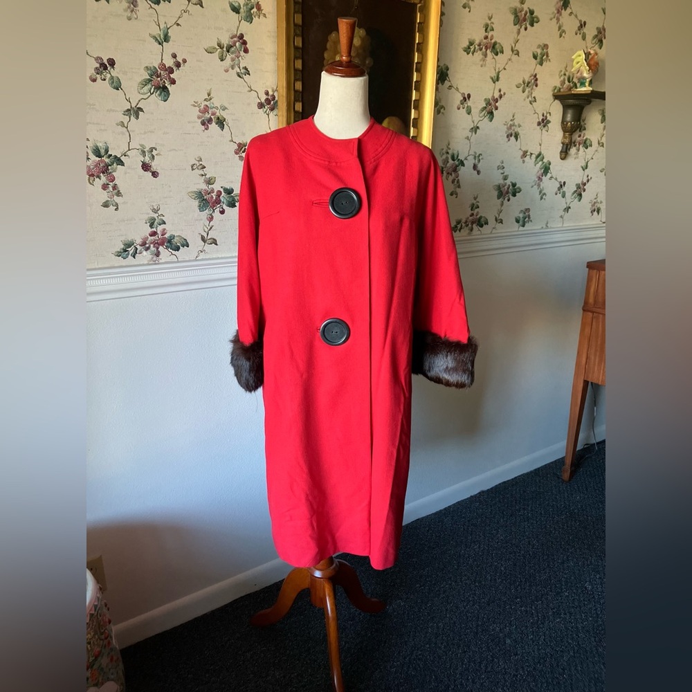 Vintage 60s Jack Bloom Red Wool & Rabbit Trim Car Coat